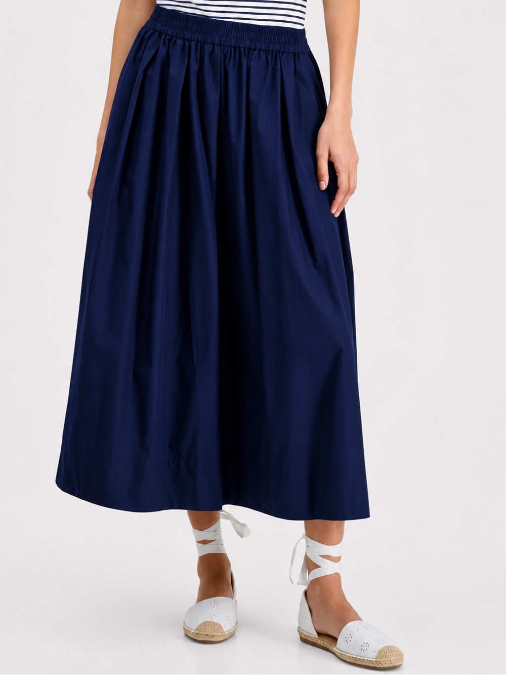 097- On 34th Navy Blue Pull-On Cotton Poplin Midi Skirt Size Large - Picture 2 of 4